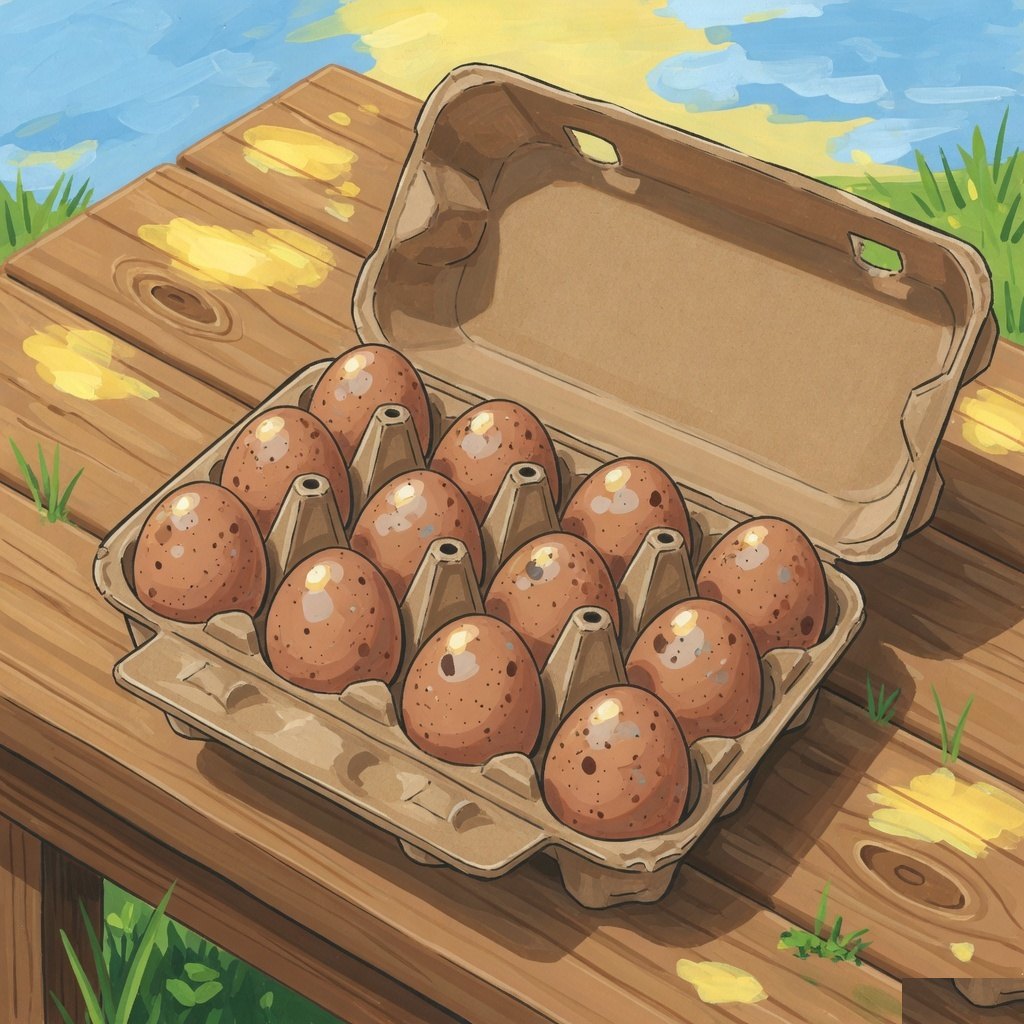 An open carton of brown speckled eggs on a wooden table