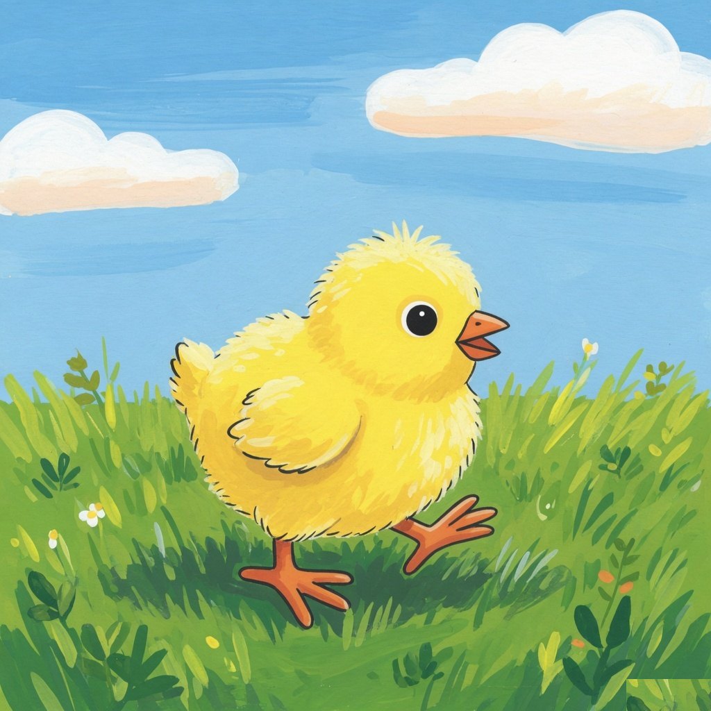 A yellow chick mid-step in the grass