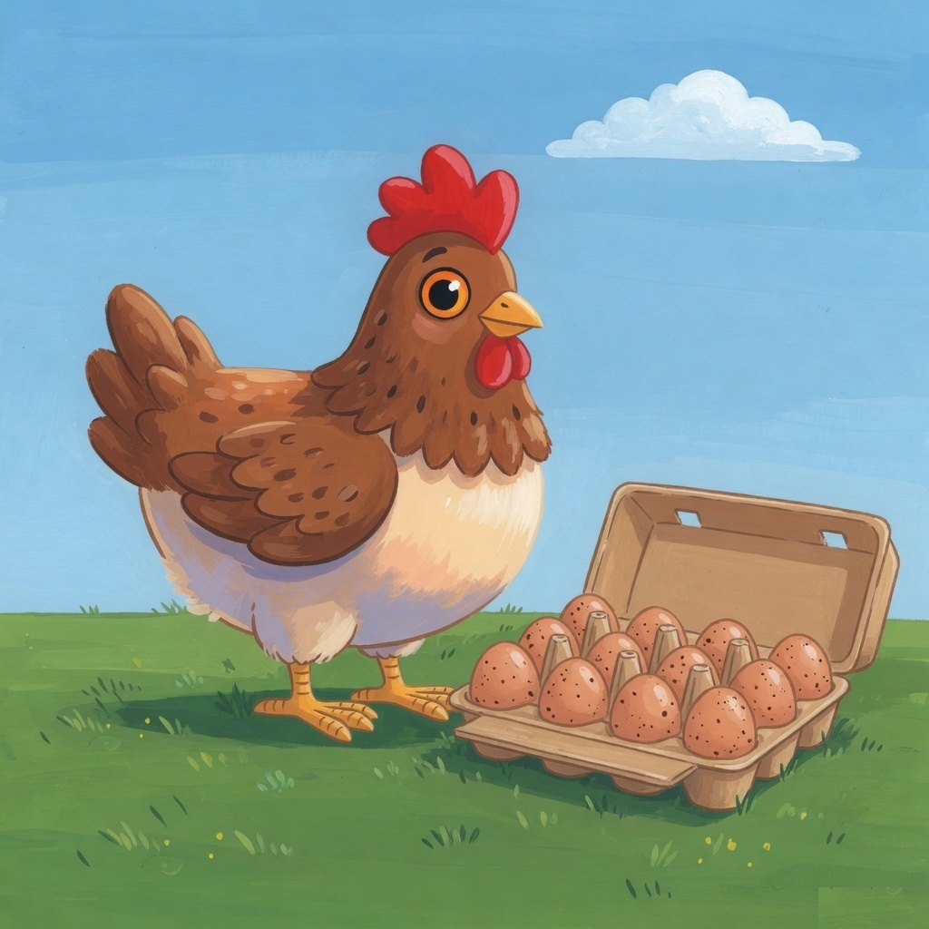 A brown hen standing beside an open carton of speckled eggs