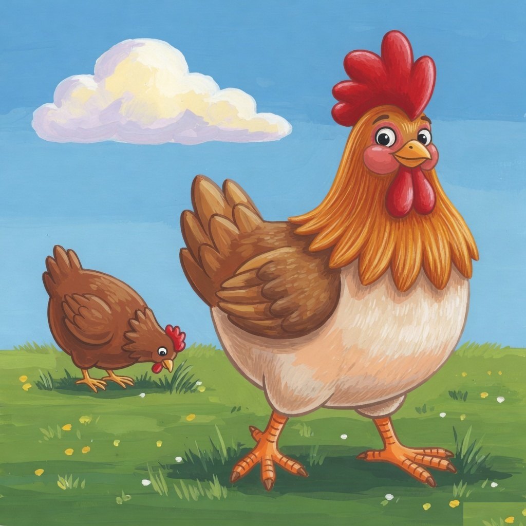 A rooster with a tall red comb, and a hen pecking nearby