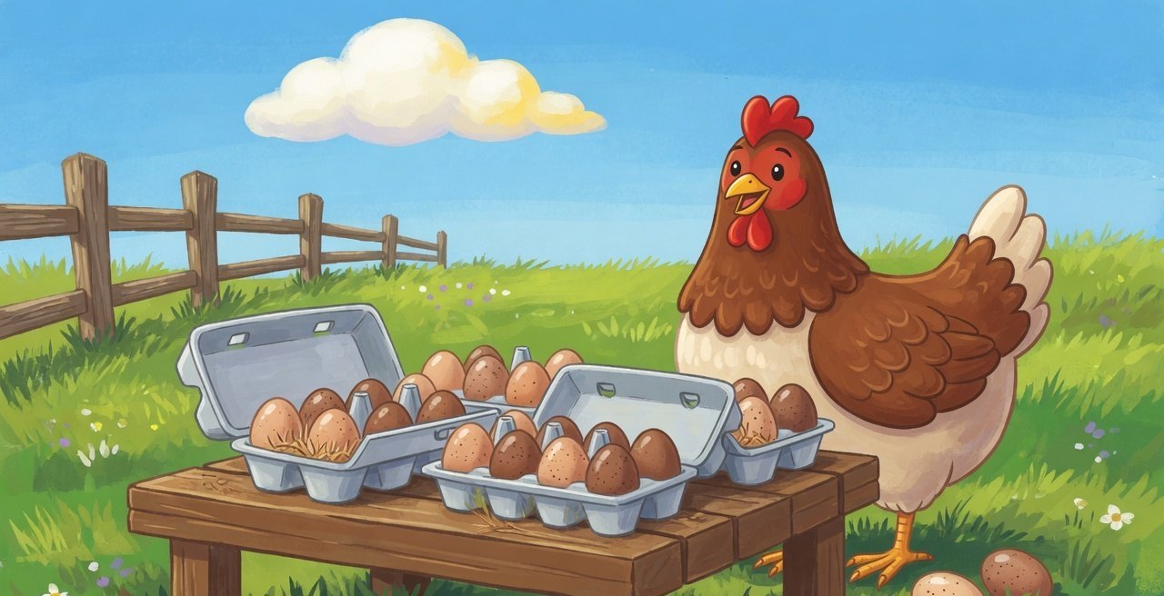 A hen behind a wooden table stacked with egg cartons